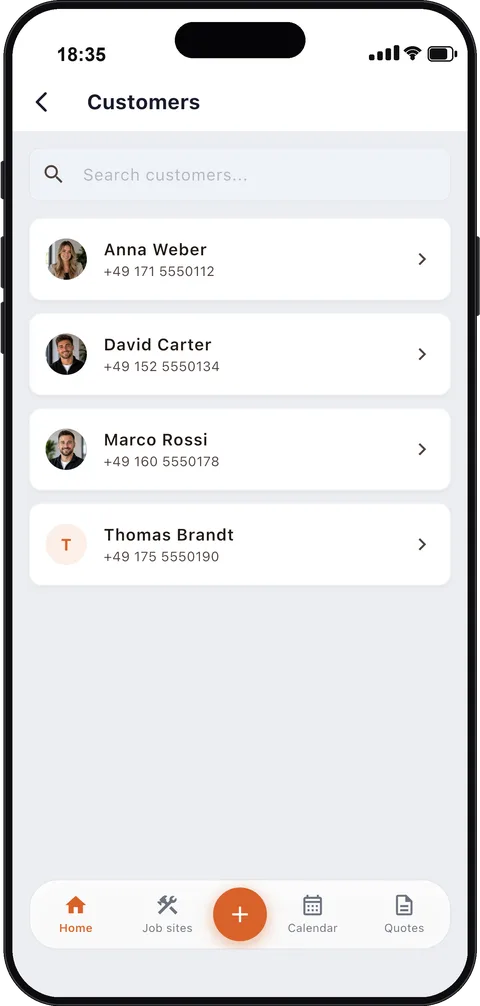 Customer management in the contractor app