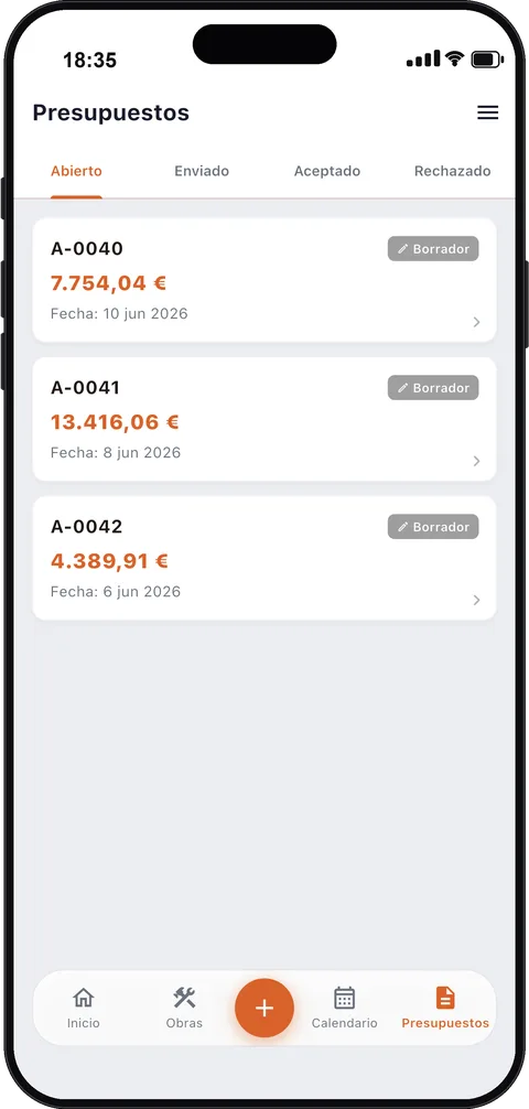 Presupuestos PDF en la app para profesionales